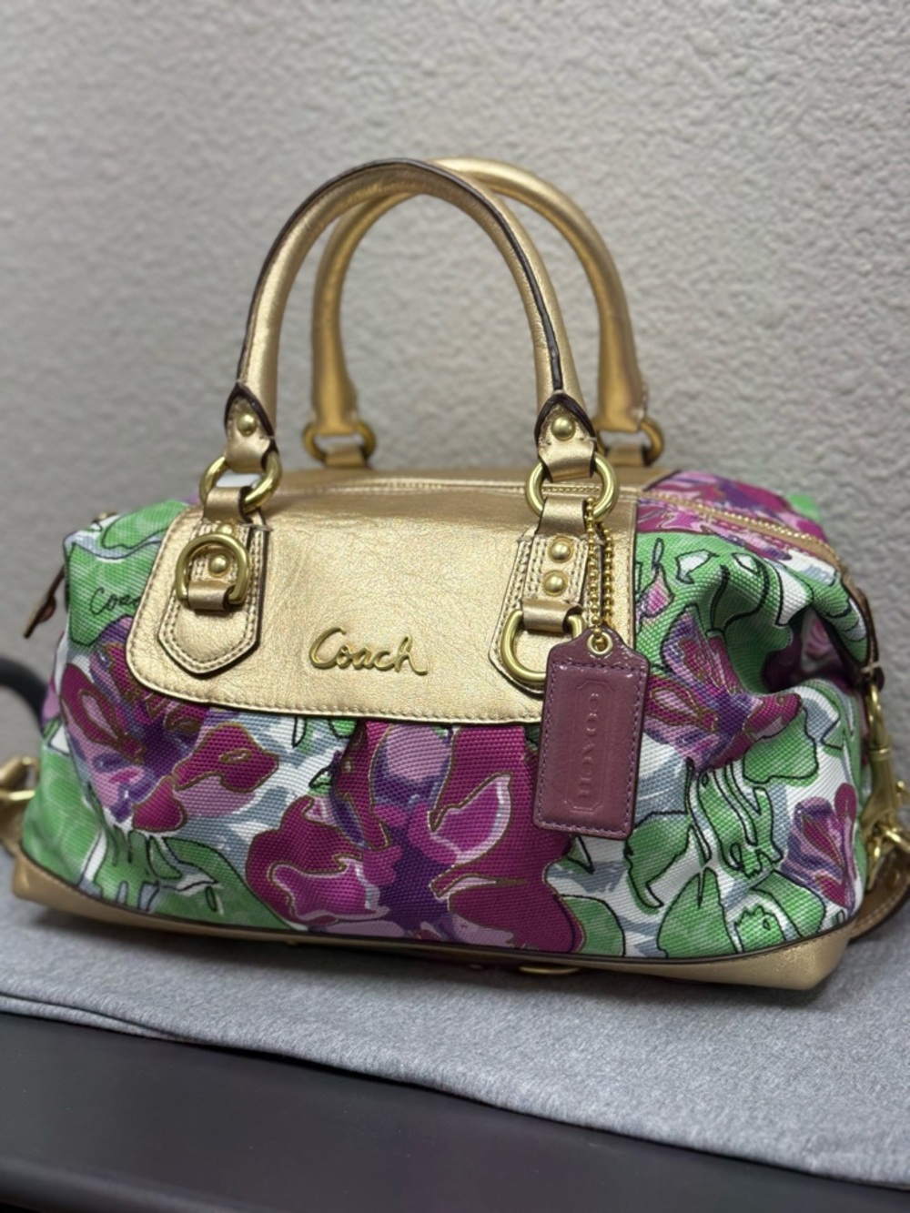 Coach Ashley Iris Floral Canvas Satchel with Gold Trim - EUC